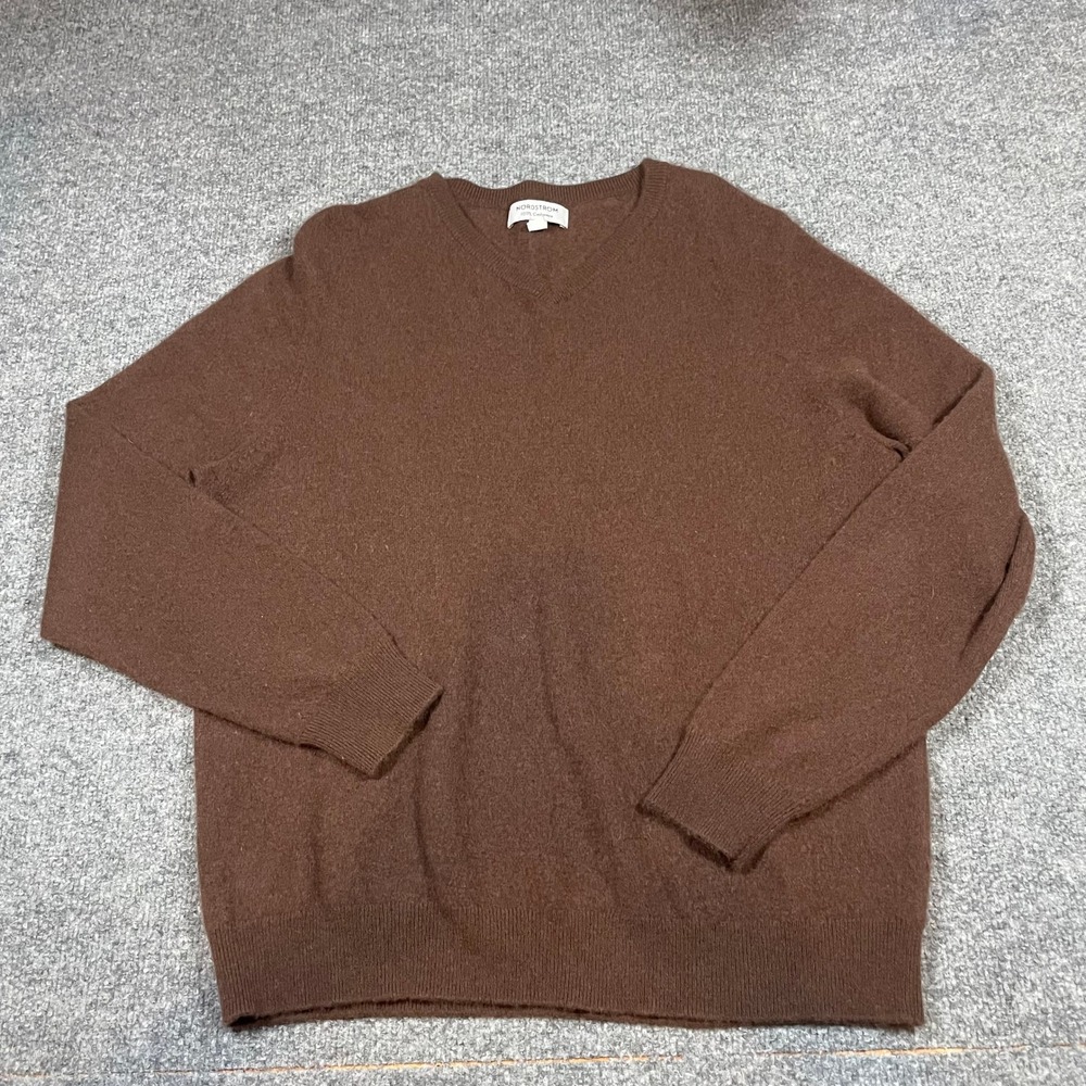 Nordstrom Sweater Mens XL Dark Brown 100% Cashmere V-Neck Long Sleeve Knit